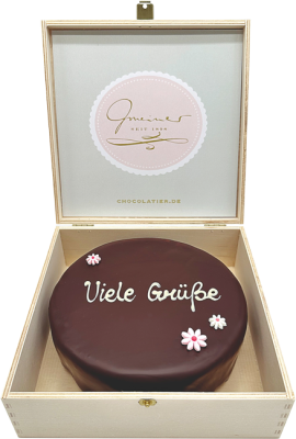 Sachertorte in Holzbox – Viele Grüße - 15cm