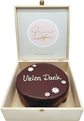 Sachertorte in Holzbox – Vielen Dank - 15cm