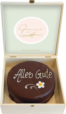Sachertorte in Holzbox – Alles Gute - 15cm