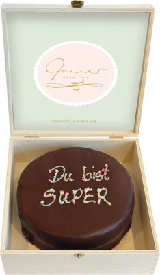 Sachertorte in Holzbox – Du bist super - 15cm