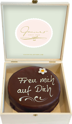 Sachertorte in Holzbox – Freu mich auf Dich - 15cm