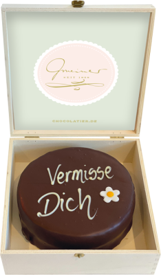 Sachertorte in Holzbox – Vermisse Dich - 15cm