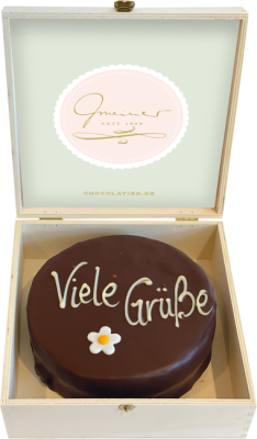Sachertorte in Holzbox – Viele Grüße - 15cm