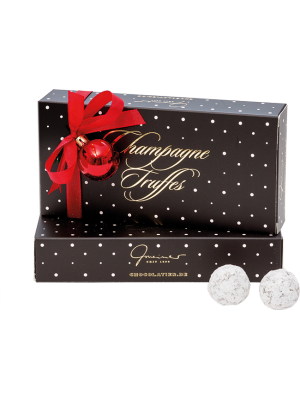 Champagne-Box mit Schmuckband und Weihnachtskugel